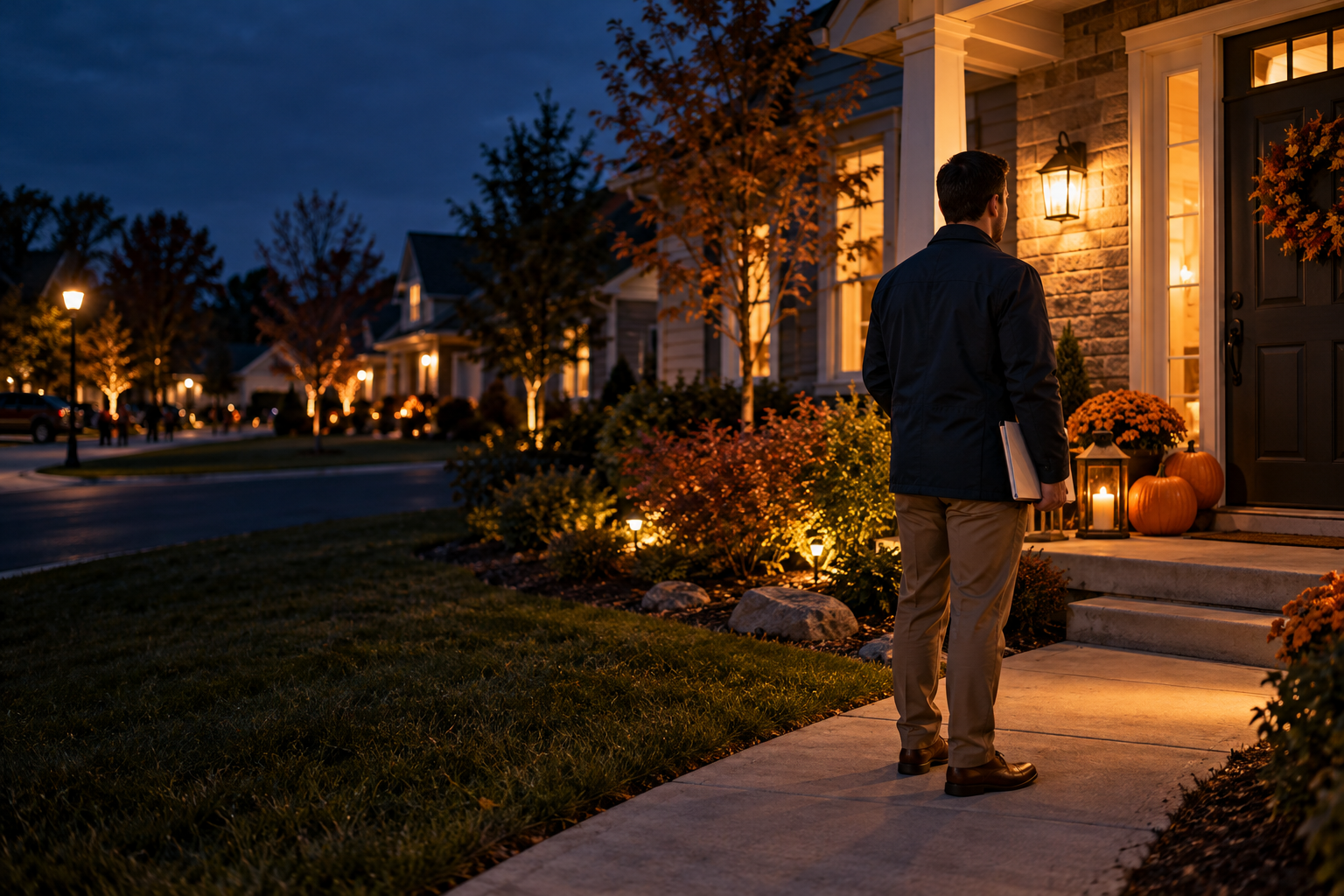 Professional process server approaching a decorated home on Halloween evening