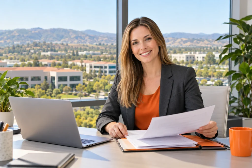 Professional woman reviewing legal documents in an office overlooking hills