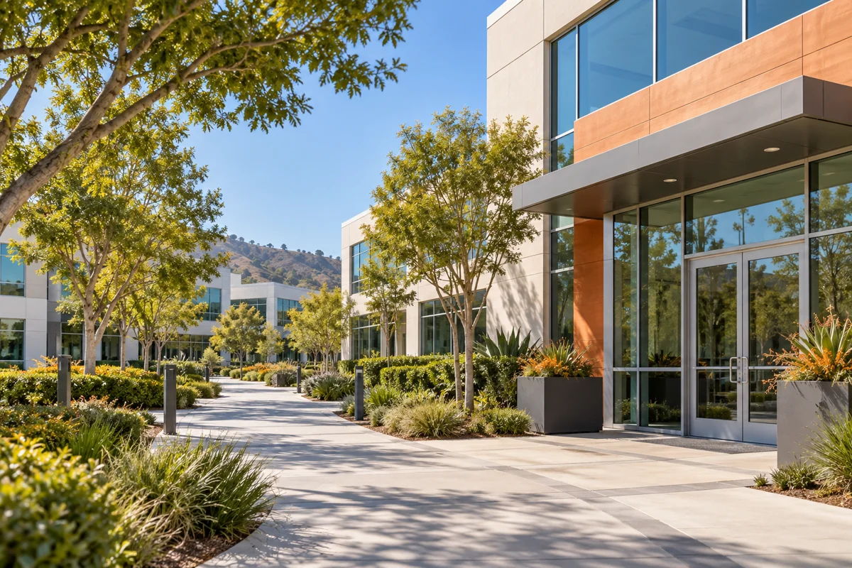 Illustrative landscaped business park with modern offices and a pedestrian walkway