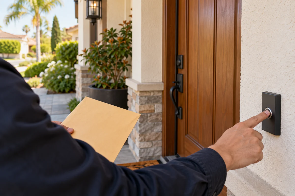Document delivery professional holding an envelope and pressing a residential doorbell