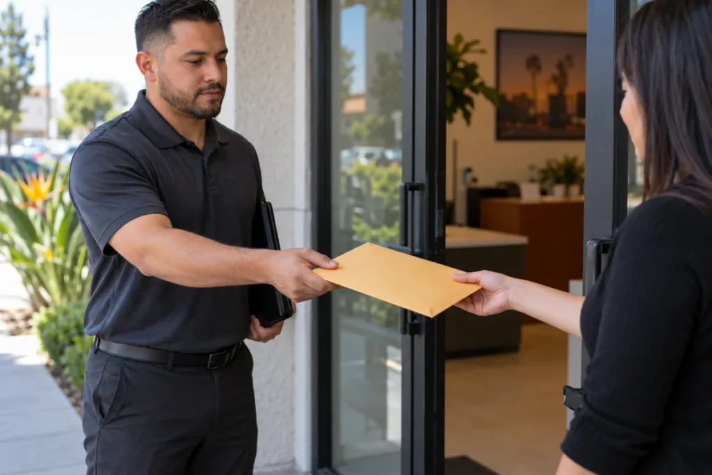 Male document courier handing an envelope to a recipient at an office entrance