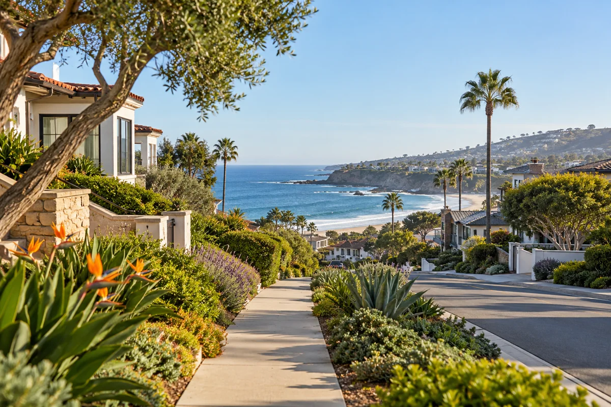 Illustrative Southern California coastal neighborhood and ocean view