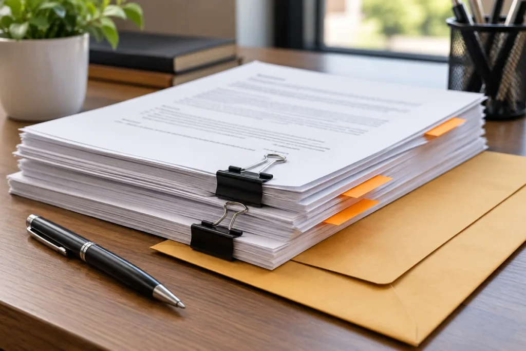 Prepared legal documents with orange tabs, binder clips, and a service envelope