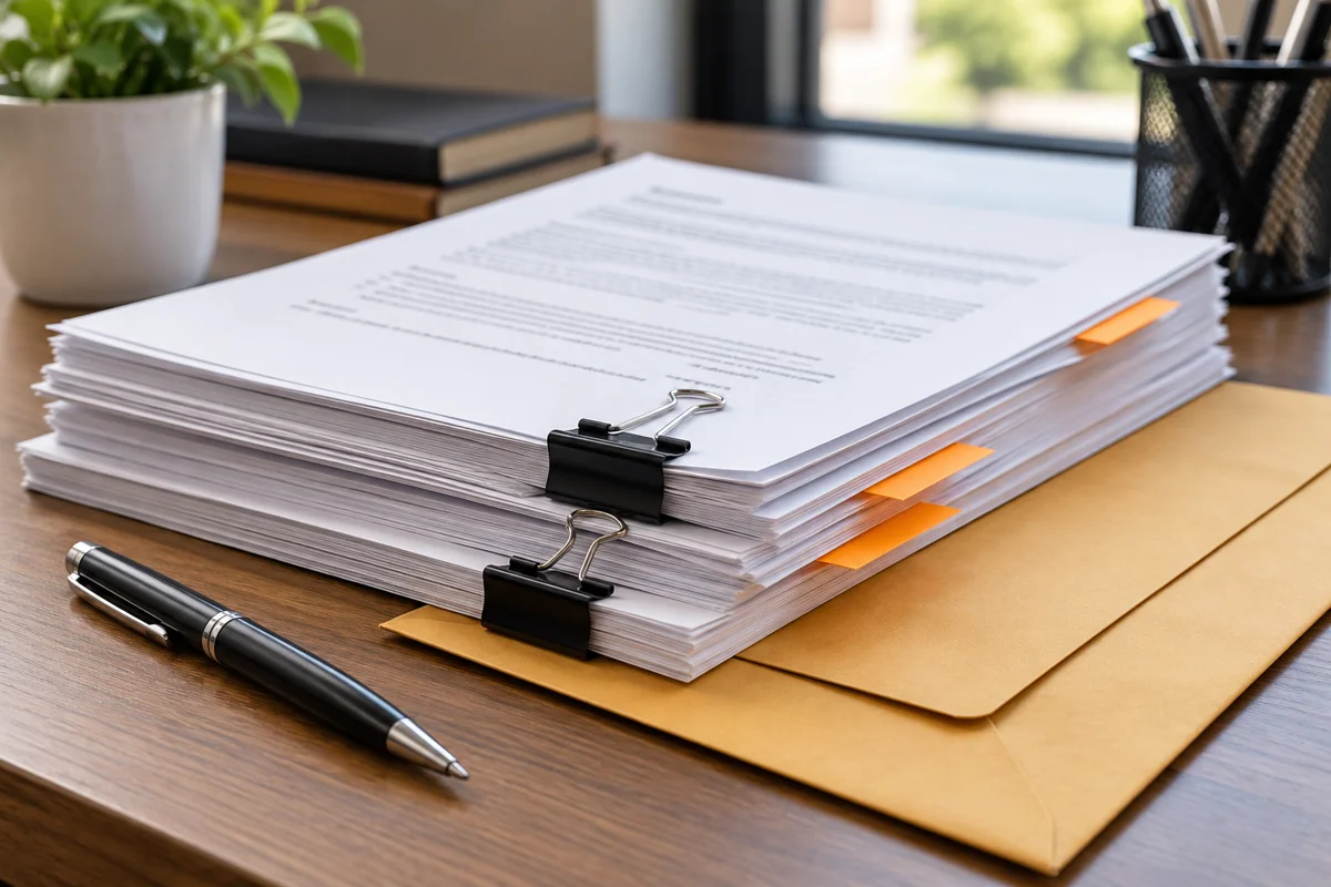 Prepared legal documents with orange tabs, binder clips, and a service envelope