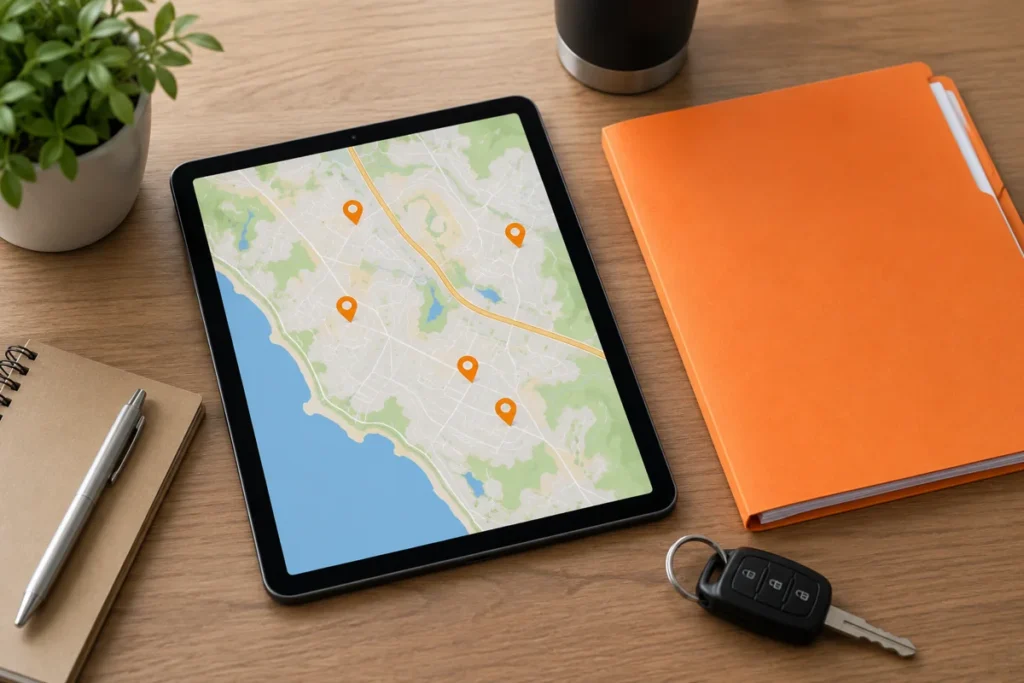 Tablet map, document folder, and keys for planning a local service route
