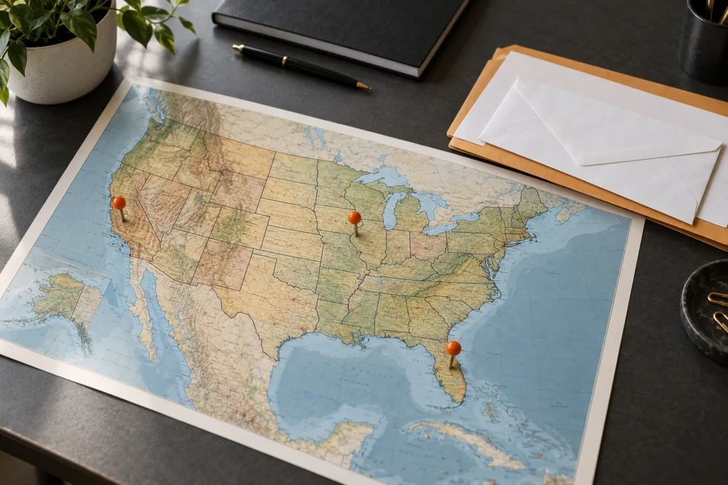 U.S. map with orange location pins and documents for out-of-state process service