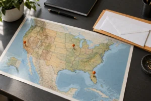 U.S. map with orange location pins and documents for out-of-state process service