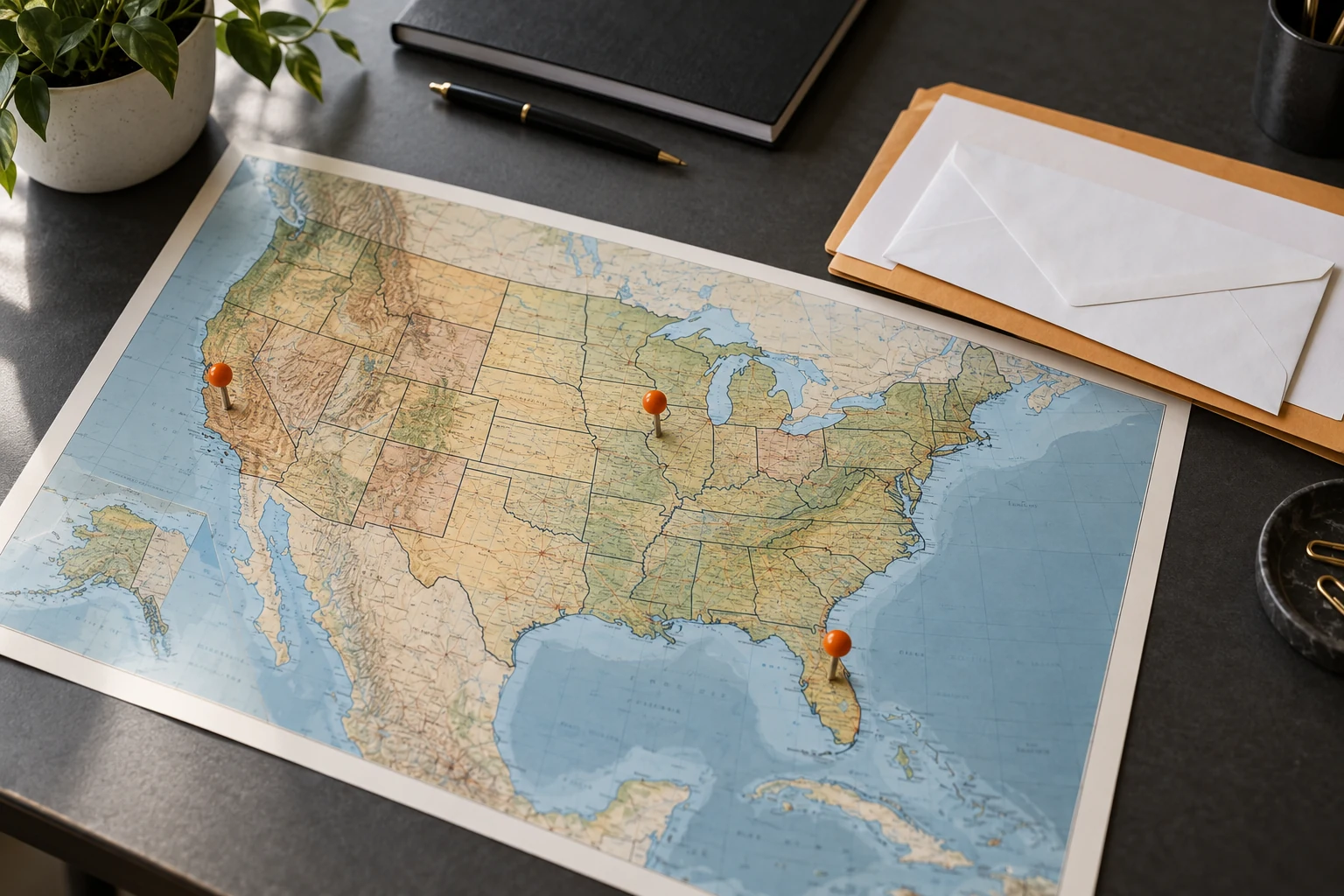 U.S. map with orange location pins and documents for out-of-state process service