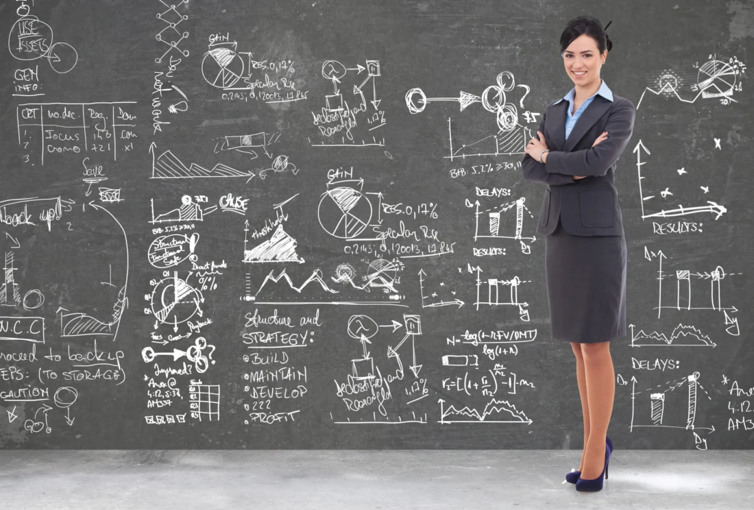 Process Service isn't Rocket Science Businesswoman in front of a chalkboard filled with diagrams, representing simplified nationwide process service