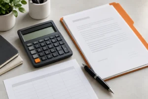 Calculator and orange-tabbed paperwork illustrating process service cost