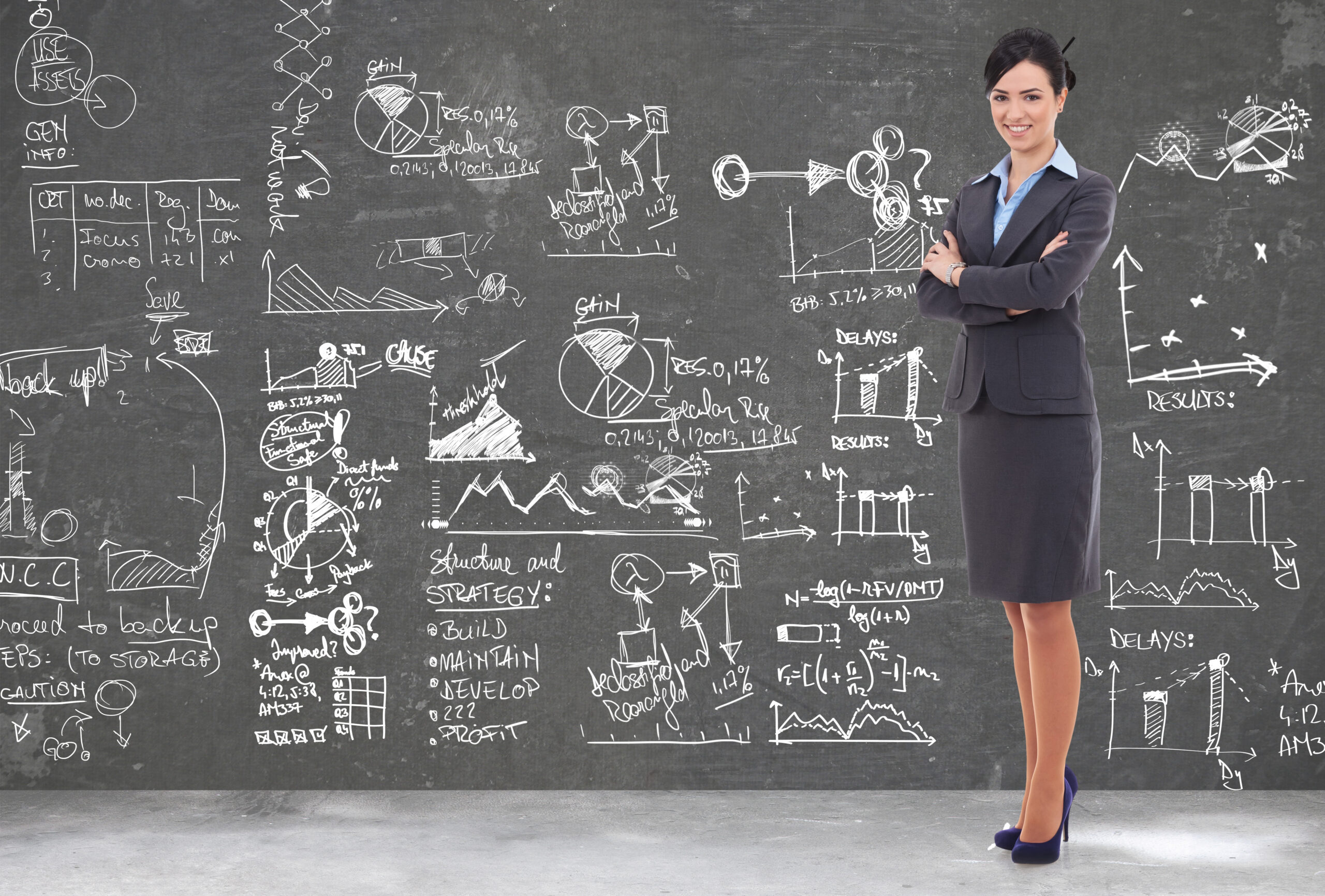 Businesswoman in front of a chalkboard filled with diagrams, representing simplified nationwide process service